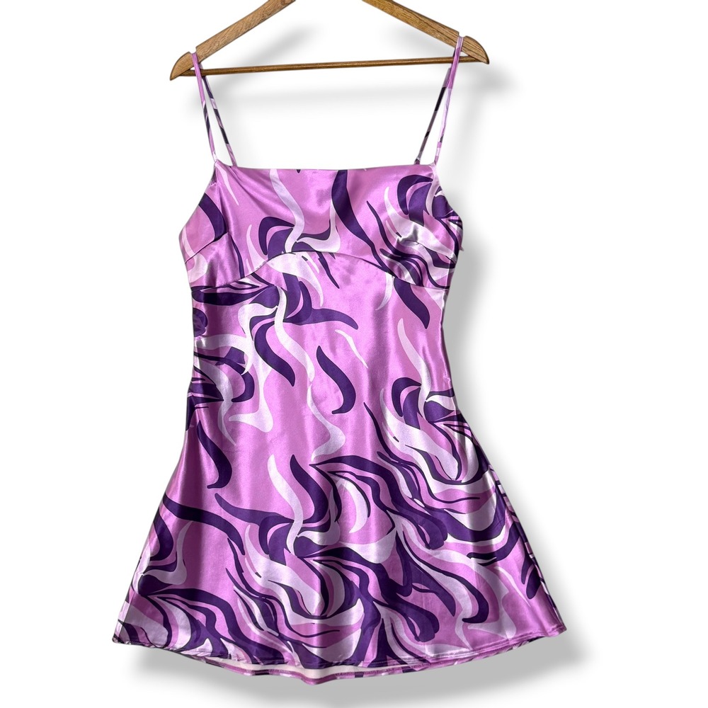 Princess Polly After Hours Dress 6 Purple Psychedelic Satin Slip Spaghetti Strap